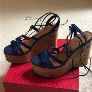 Blue gladiator wedge sandals